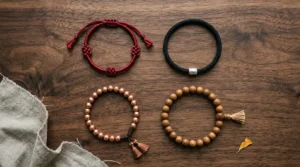 Four Tibetan bracelet styles laid flat: red knotted cord, mantra bracelet, copper bead bracelet and 21-bead wrist mala