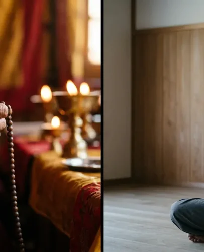 Split-frame comparison of a Tibetan Buddhist monk holding mala beads and a Zen monk seated in meditation