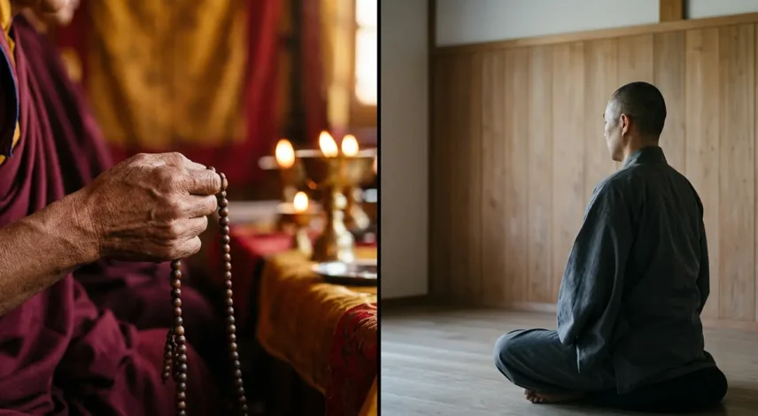 Vergleich tibetischer Buddhismus vs. Zen-Buddhismus Vergleich zweier Einzelbilder eines tibetisch-buddhistischen Mönchs mit einer Mala-Gebetskette und eines Zen-Mönchs in Meditation.