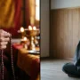 tibetan-buddhism-vs-zen-buddhism-comparison Split-frame comparison of a Tibetan Buddhist monk holding mala beads and a Zen monk seated in meditation