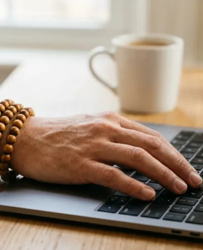 Tibetan wood mala bracelet with 8 mm beads wrapped three times around a wrist beside a laptop keyboard
