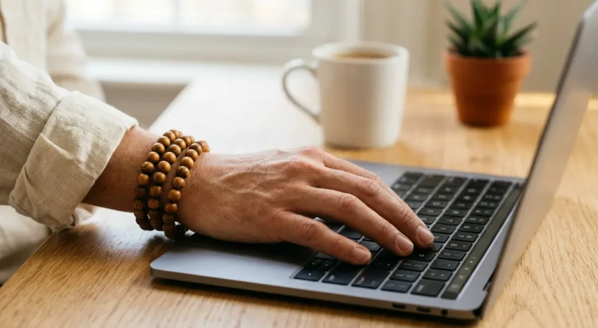 tibetan-buddhist-jewelry-daily-wear-wrist-mala Tibetan wood mala bracelet with 8 mm beads wrapped three times around a wrist beside a laptop keyboard