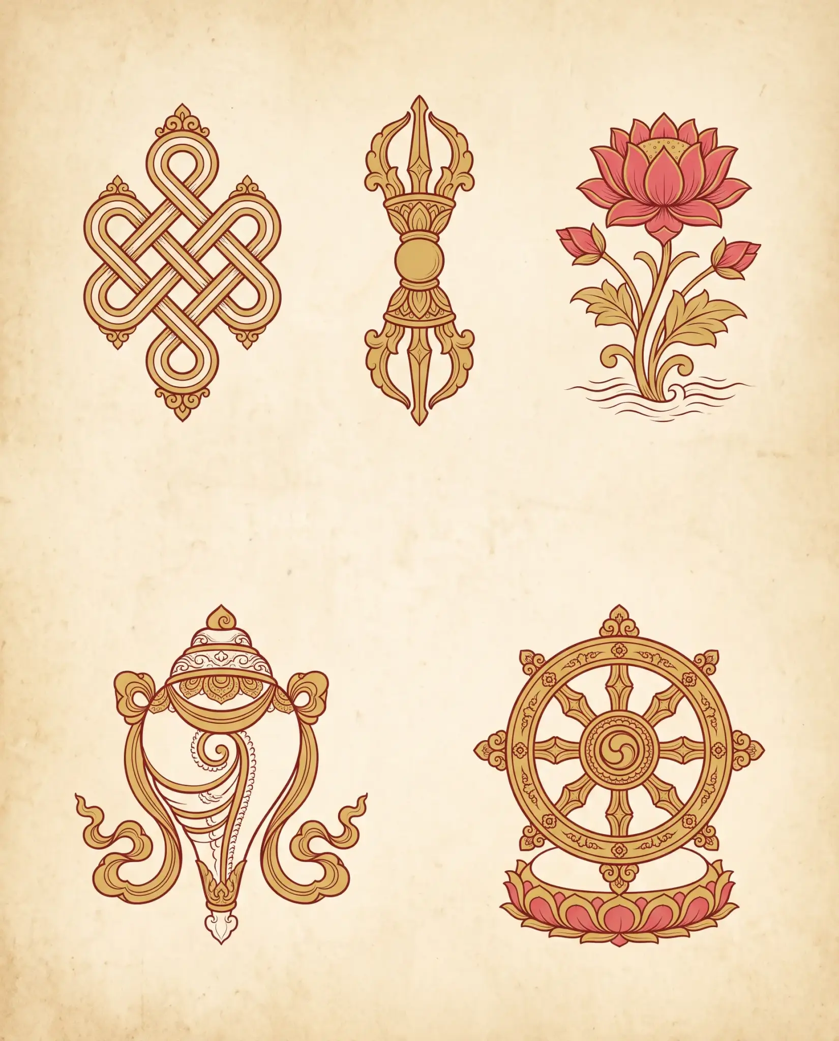 Illustrated chart of core Tibetan Buddhist symbols: the Endless Knot, Dorje (Vajra), Lotus, Conch, and Dharma Wheel
