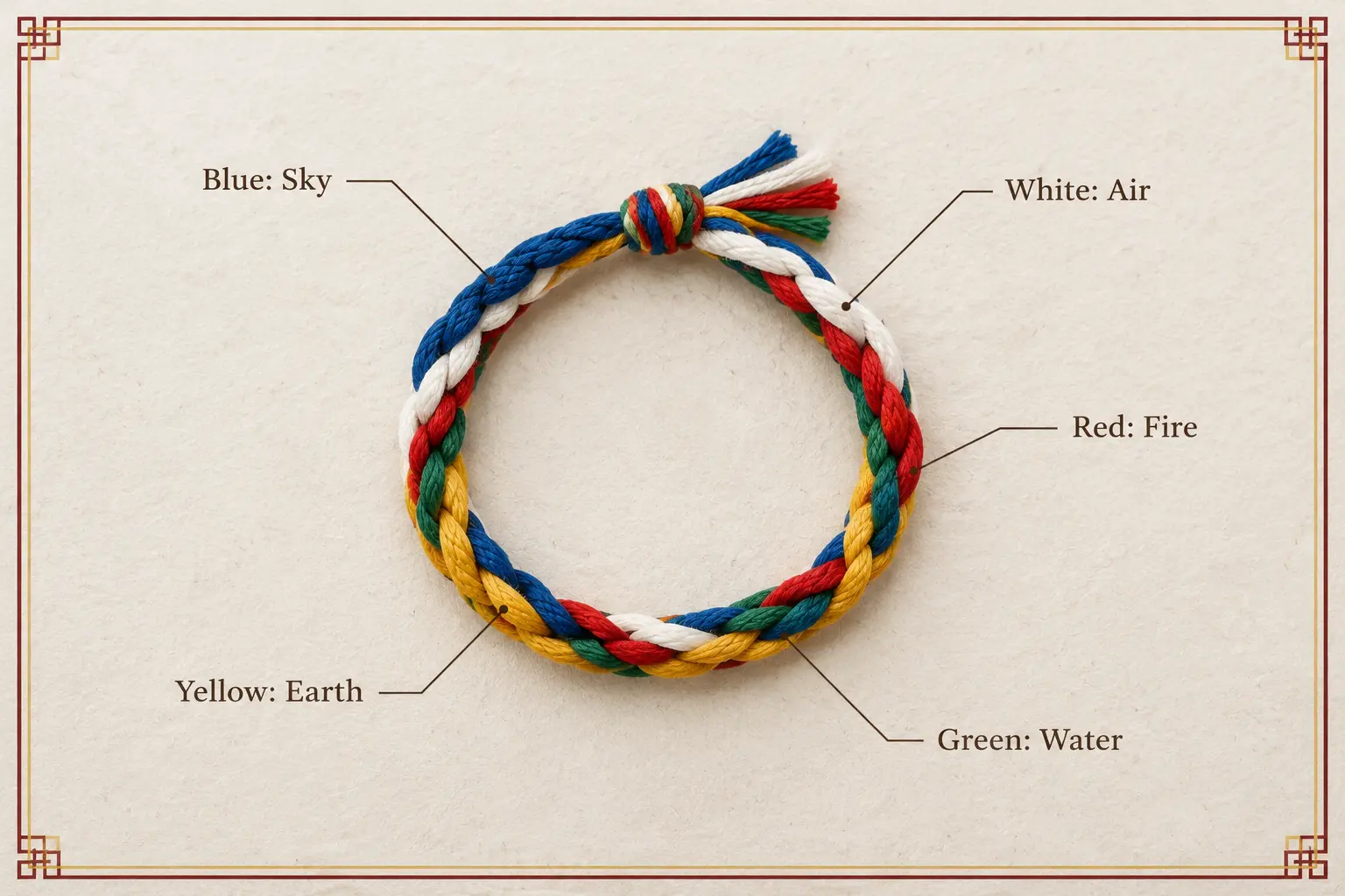 Five-color Tibetan bracelet labeled by element: blue sky, white air, red fire, green water, yellow earth