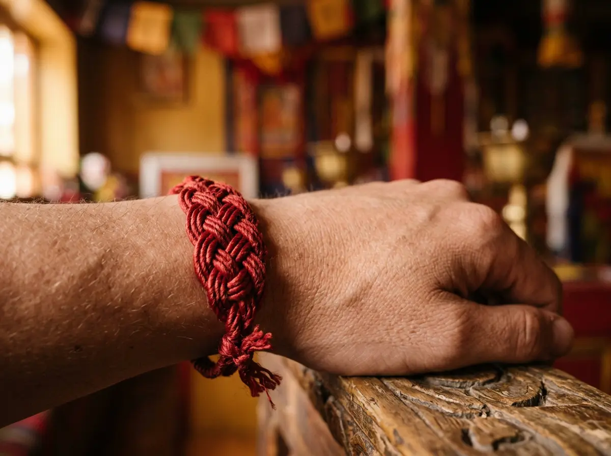 Hand-knotted Tibetan red string bracelet with endless knot worn on the wrist for Ben Ming Nian protection