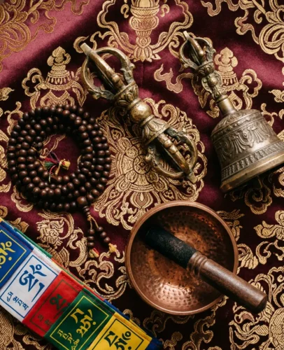 Vajra, bell, mala beads, and a singing bowl arranged on a maroon cloth, a complete set of Tibetan Buddhist ritual objects