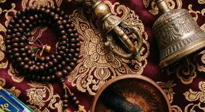 tibetan-ritual-objects-flatlay Vajra, bell, mala beads, and a singing bowl arranged on a maroon cloth, a complete set of Tibetan Buddhist ritual objects