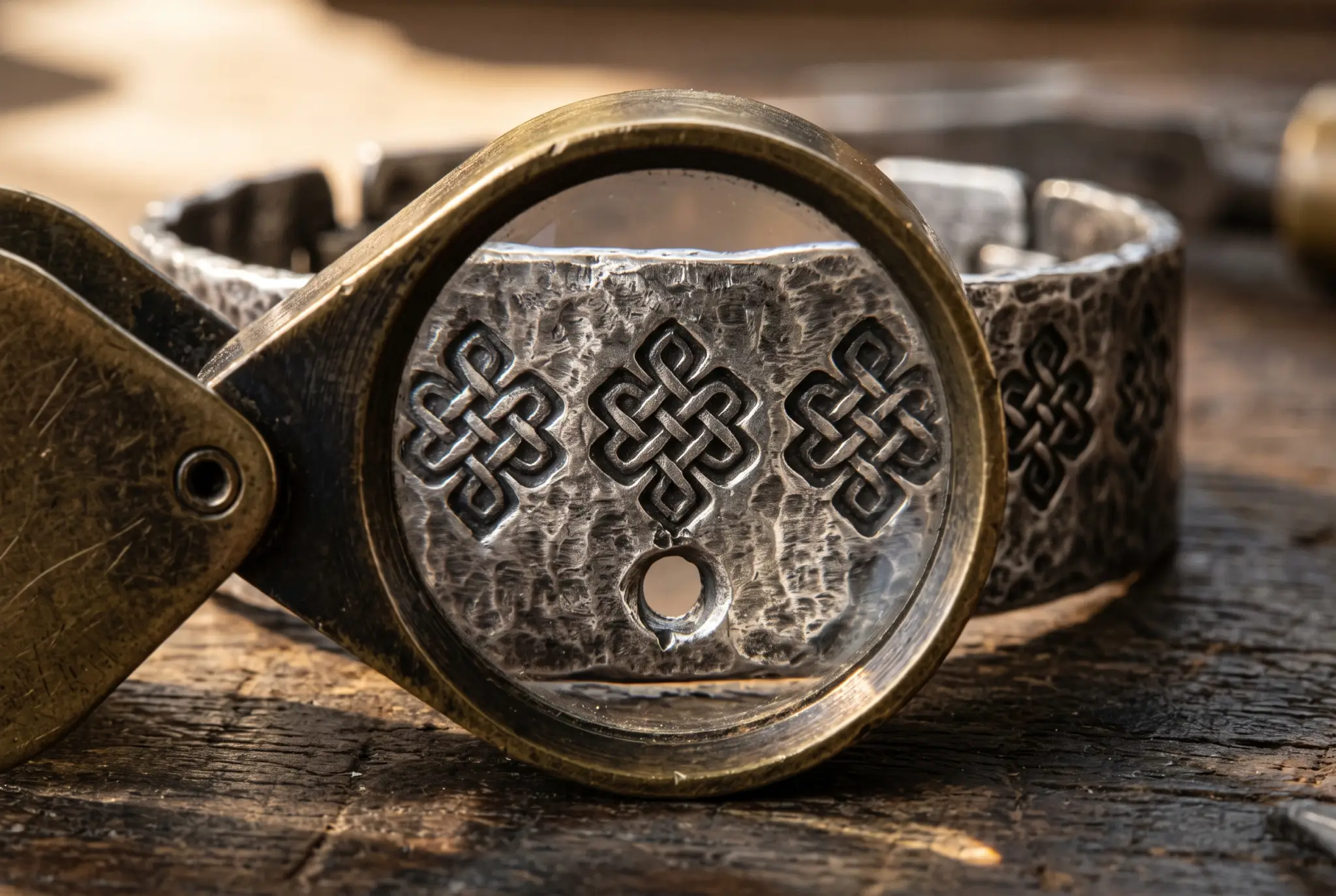 Macro close-up of hand-hammered Tibetan silver showing irregular tool marks and a hand-stamped endless knot under a jeweler's loupe