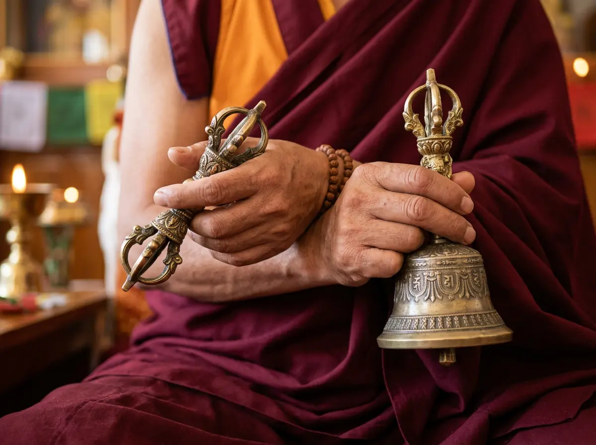 A simple Tibetan Buddhist home altar with seven offering bowls, a butter lamp, and mala beads