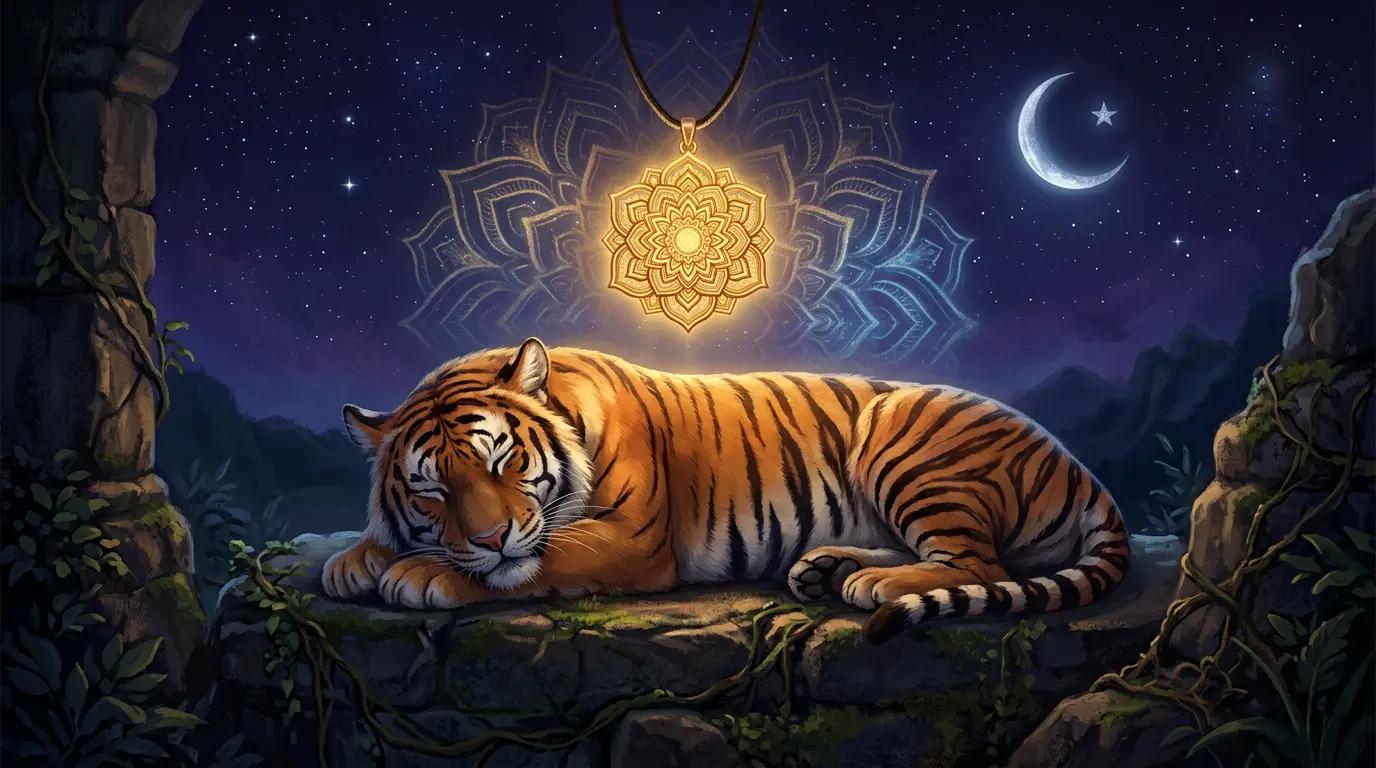 Tiger resting calmly beneath a glowing protective amulet during the August clash month