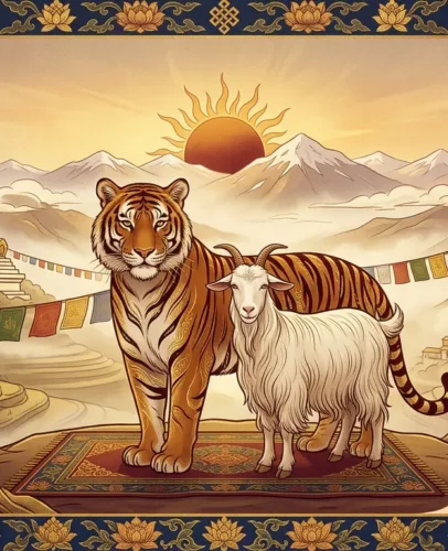 tiger-2027-fire-goat-harmony.webp Tiger and goat standing together peacefully, symbolizing the harmonious 2027 Fire Goat year