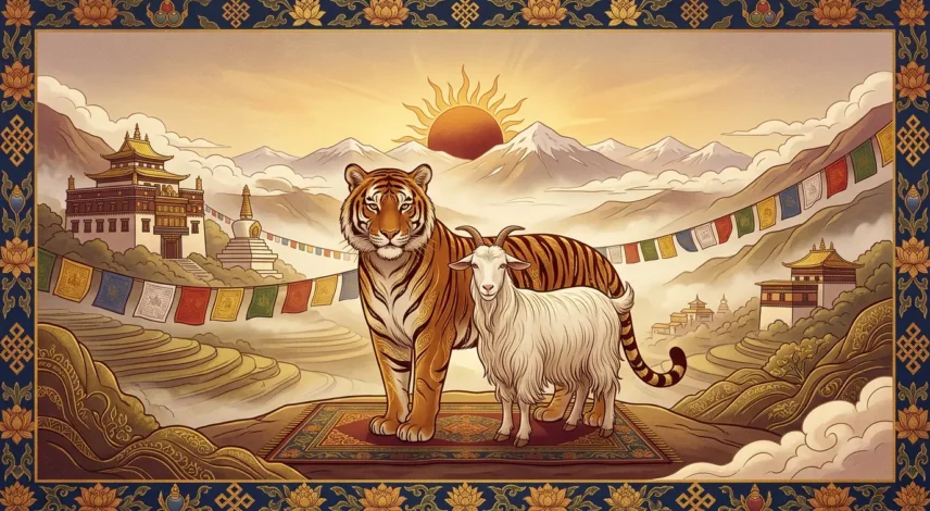 tiger-2027-fire-goat-harmony.webp Tiger and goat standing together peacefully, symbolizing the harmonious 2027 Fire Goat year