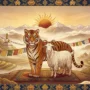 Tiger und Ziege stehen friedlich nebeneinander und symbolisieren das harmonische Jahr 2027 des Feuerziegen-Zeichens.