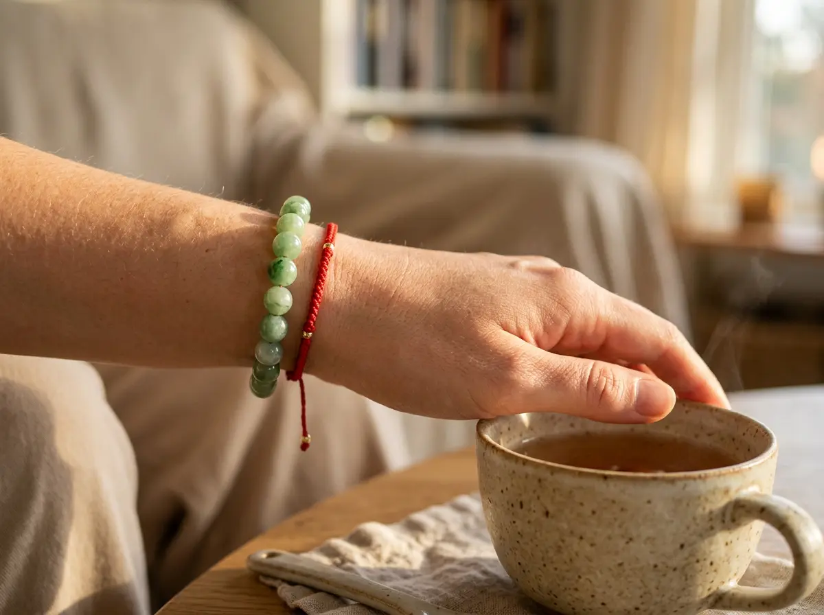 Wrist wearing a natural jade bracelet stacked with a Tibetan red string protection bracelet