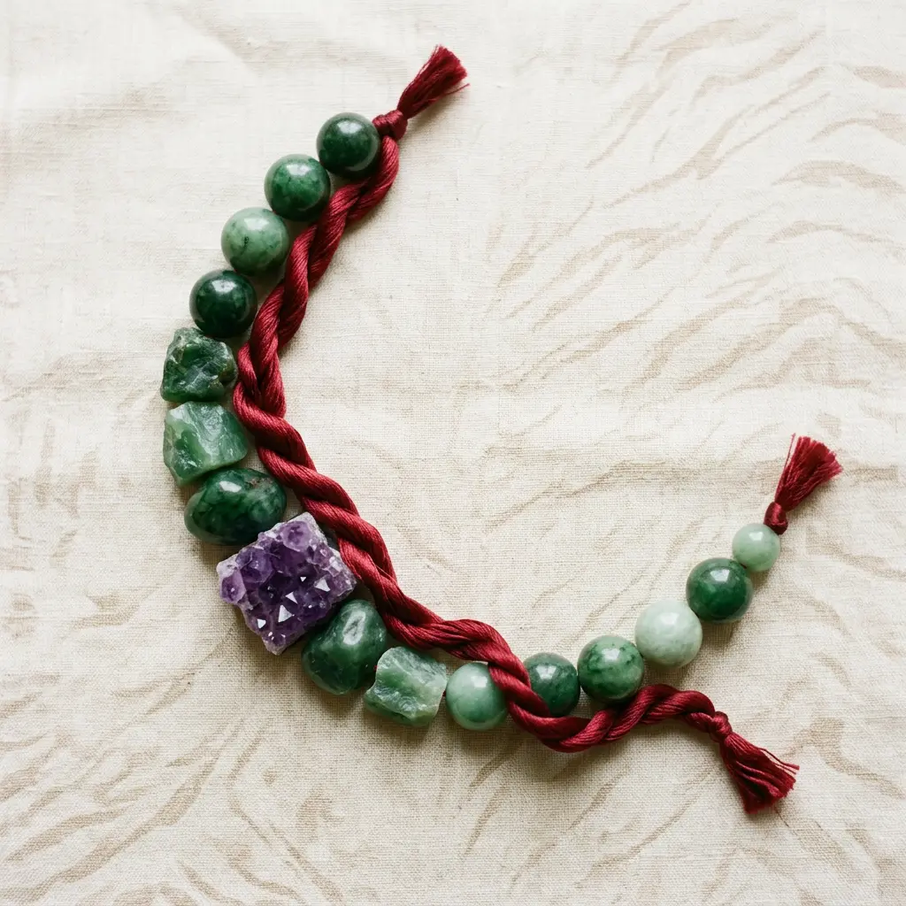 Jade green, red, and purple stones representing the Tiger's lucky colors for 2027