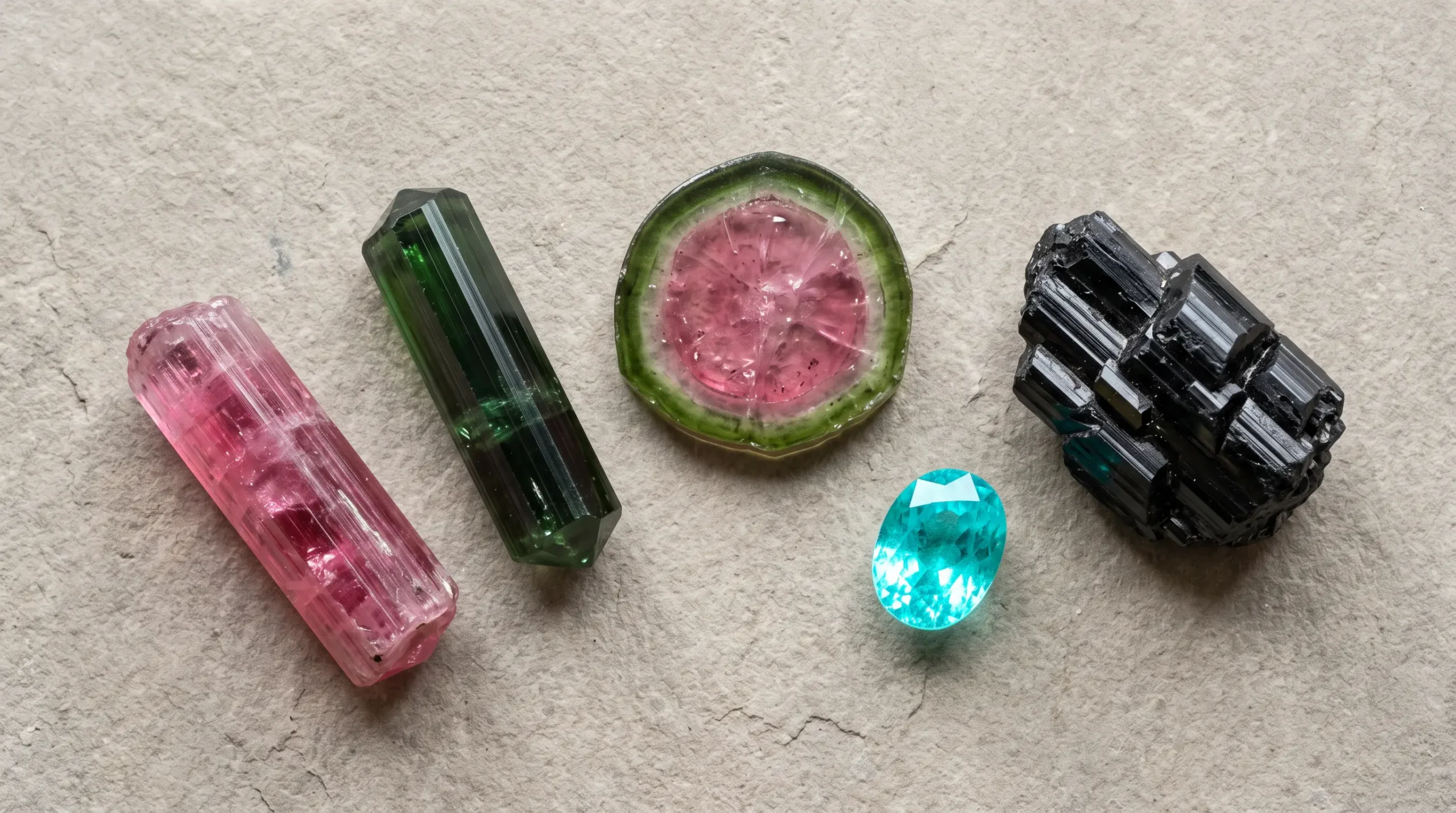 Pembe rubellit, yeşil turmalin, karpuz turmalin, mavi-yeşil Paraíba ve siyah şorl dahil olmak üzere beş renkte ham ve cilalanmış turmalin kristallerinden oluşan koleksiyon.