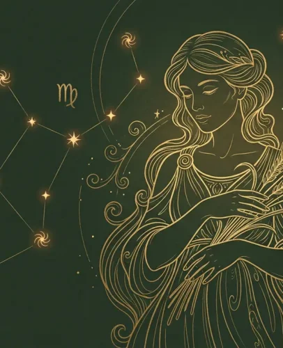 Virgo 2027 horoscope illustration of the Maiden with constellation stars in green and gold