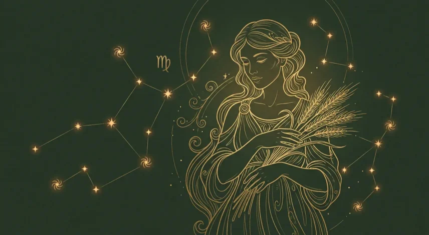 Virgo 2027 horoscope illustration of the Maiden with constellation stars in green and gold