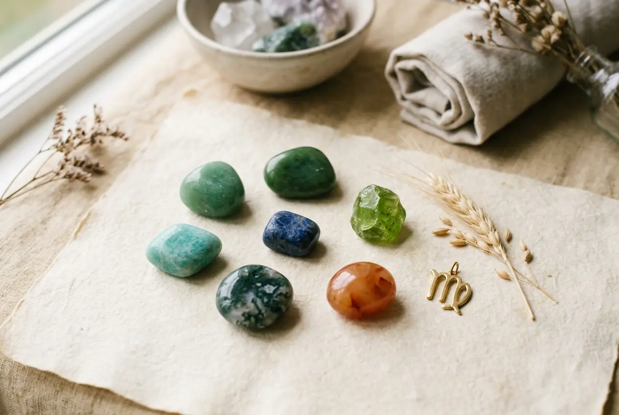 Lucky crystals for Virgo in 2027 including peridot, green aventurine, jade, and blue sapphire