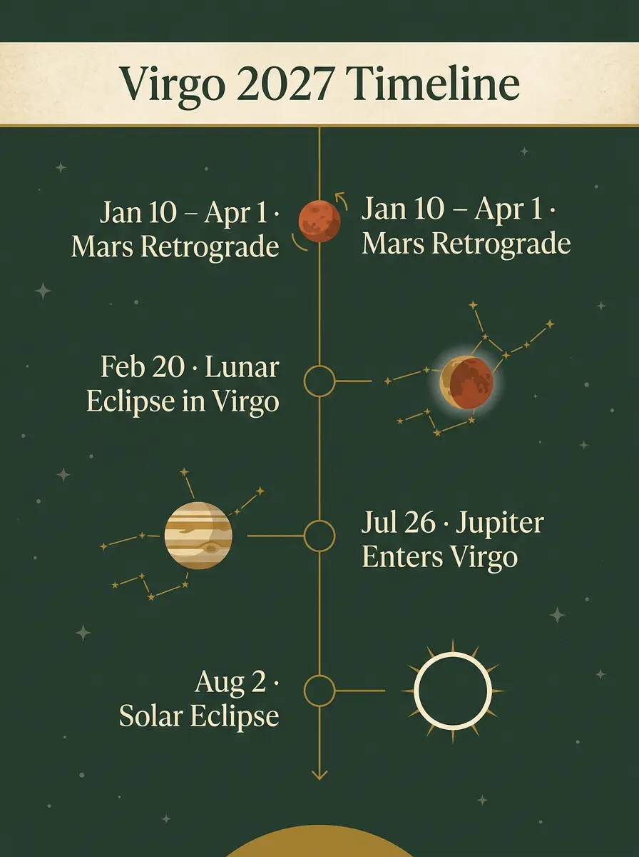 Virgo 2027 timeline showing Mars retrograde, Jupiter entering Virgo on July 26, and 2027 eclipse dates