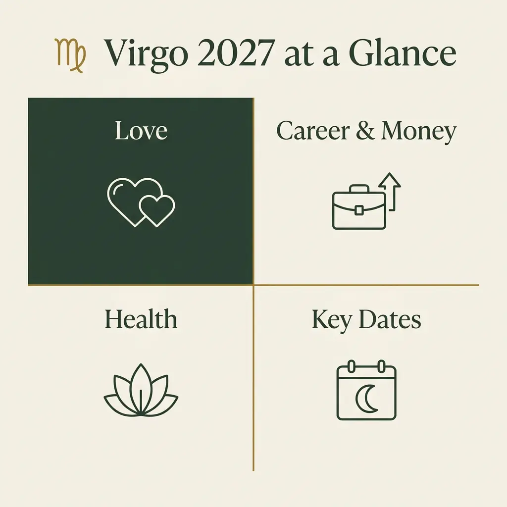 Virgo 2027 at a glance infographic summarizing love, career, money, and health