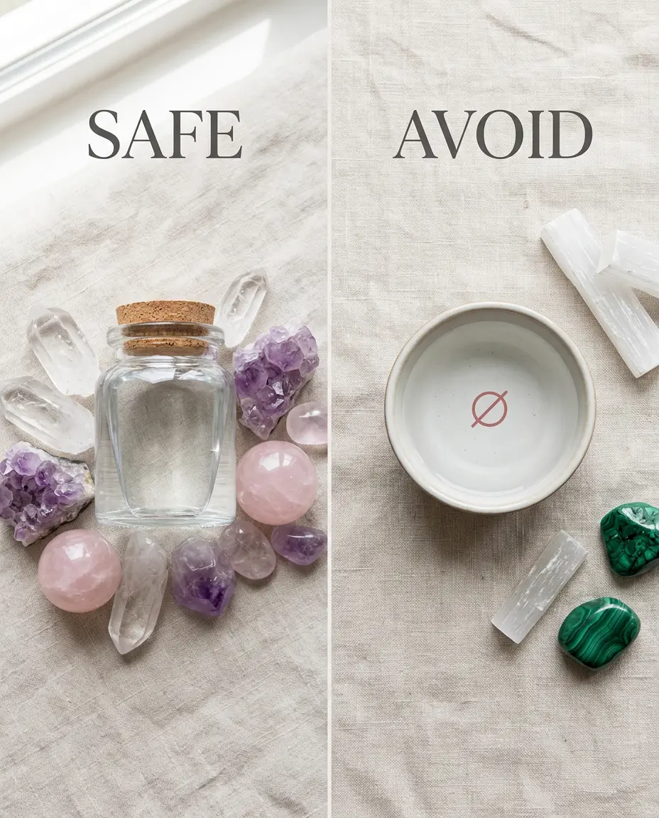 Le quartz clair, l'améthyste et le quartz rose, présentés comme sans danger pour l'eau de lune, côtoient la sélénite et la malachite, marquées comme devant être tenues à l'écart de l'eau.