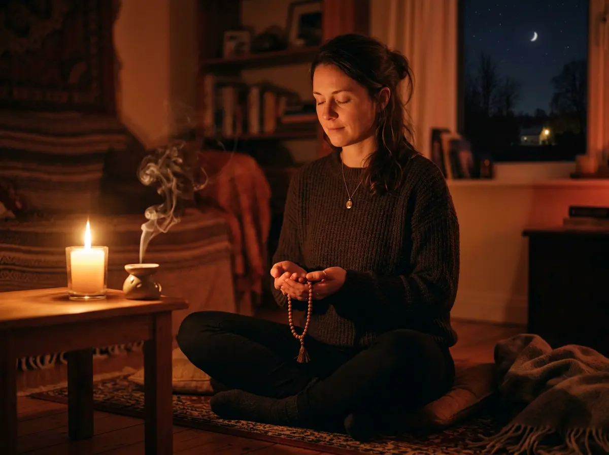 Person holding a mala and incense during a Winter Solstice ritual to close the Fire Goat year
