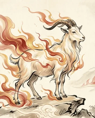 Illustration of a red and gold Fire Goat representing the 2027 Ding Wei Chinese zodiac year