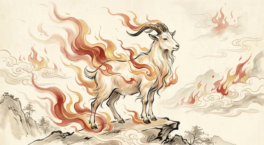 Illustration of a red and gold Fire Goat representing the 2027 Ding Wei Chinese zodiac year