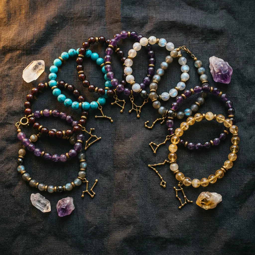 Composizione di braccialetti con pietre preziose, tra cui turchese, granato e ametista, abbinati a ciondoli con i segni zodiacali per il mese di dicembre.