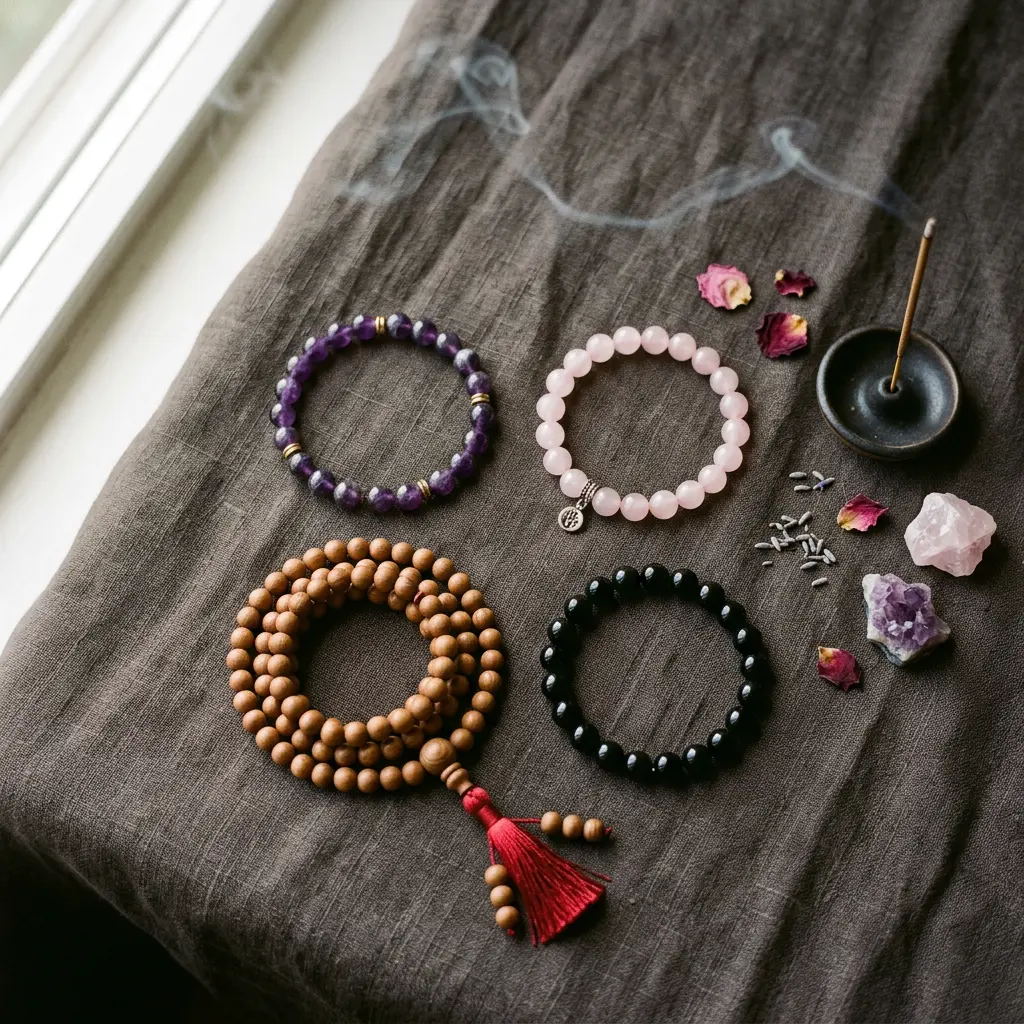 Flat lay of amethyst, rose quartz, and black obsidian crystal bracelets beside a 108-bead sandalwood mala, styled for a September zodiac ritual