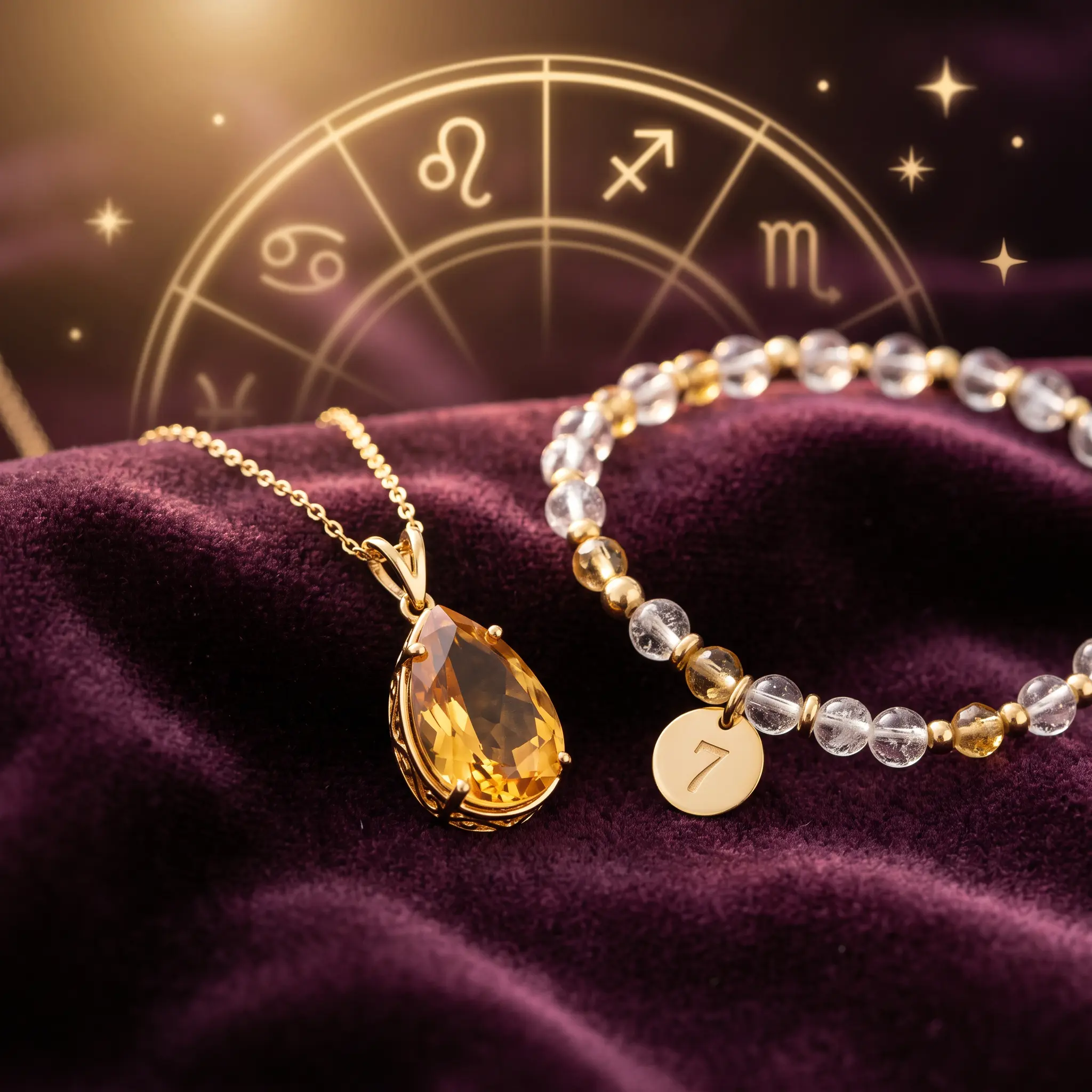 Citrine guardian pendant necklace and crystal bracelet displayed over a subtle zodiac wheel background