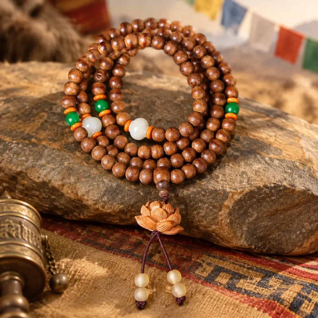 108-mala-beads-lotus-peach-wood-bodhi-seed-coiled Coiled 108 peach wood and bodhi seed mala with hanging carved lotus charm and frosted tassel beads by a prayer wheel