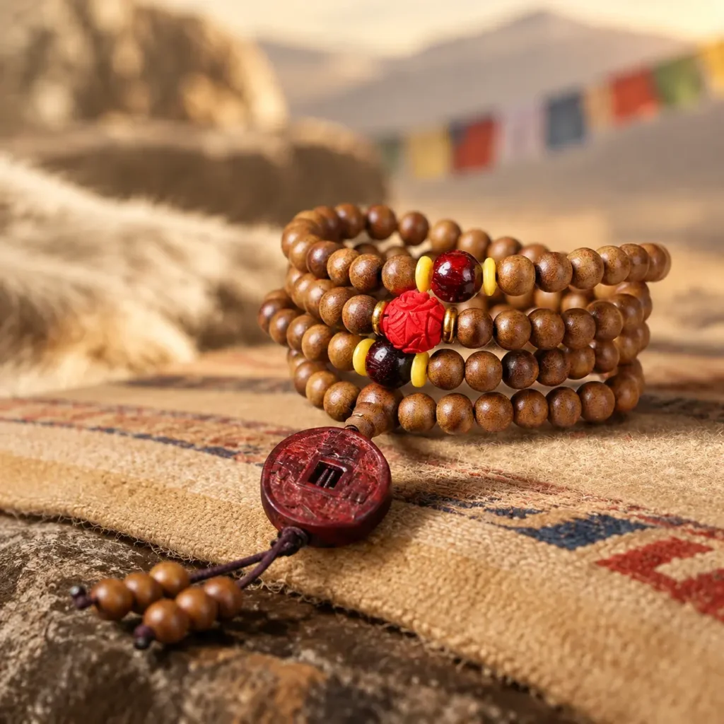 108-mala-beads-peach-wood-coin-charm-bracelet Tibetan-style 108 peach wood mala bracelet with red carved bead, yellow spacers and Chinese coin charm tassel