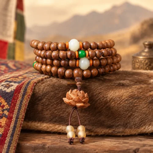 108 peach wood mala beads bracelet wrapped four times with carved lotus charm and white and green accent beads