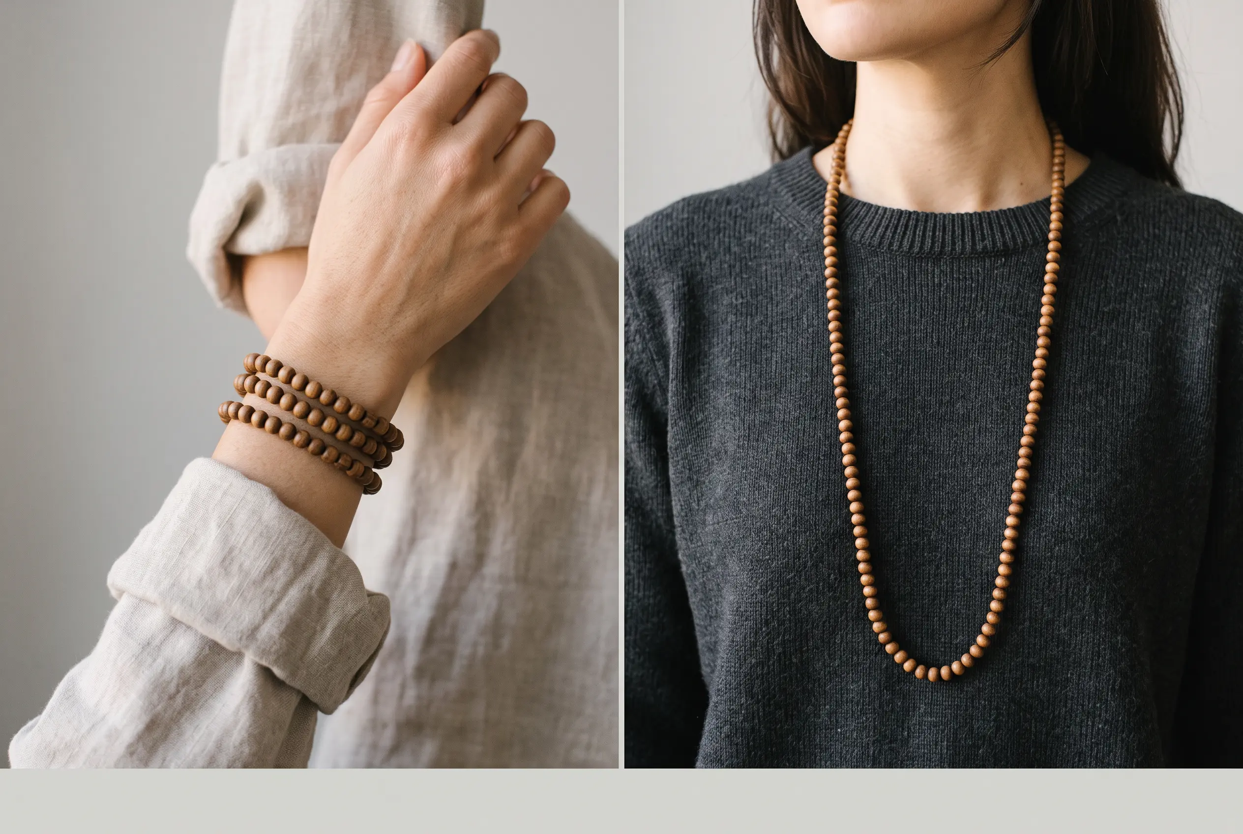 Tibetan red string bracelet with ceramic beads and an adjustable sliding knot being tightened on a wrist