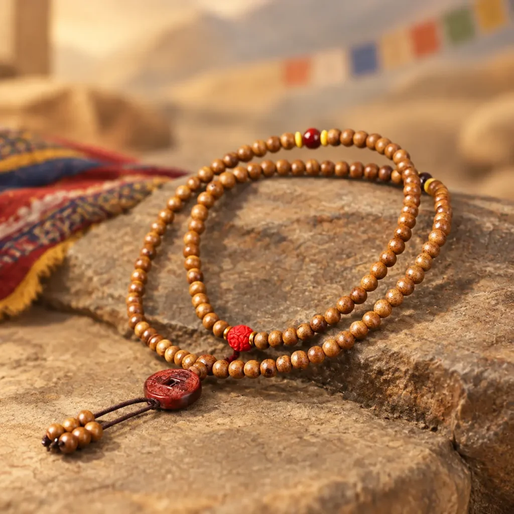 108-mala-necklace-peach-wood-coin-charm 108 peach wood mala laid in a double loop with red carved bead and red Chinese coin charm on stone