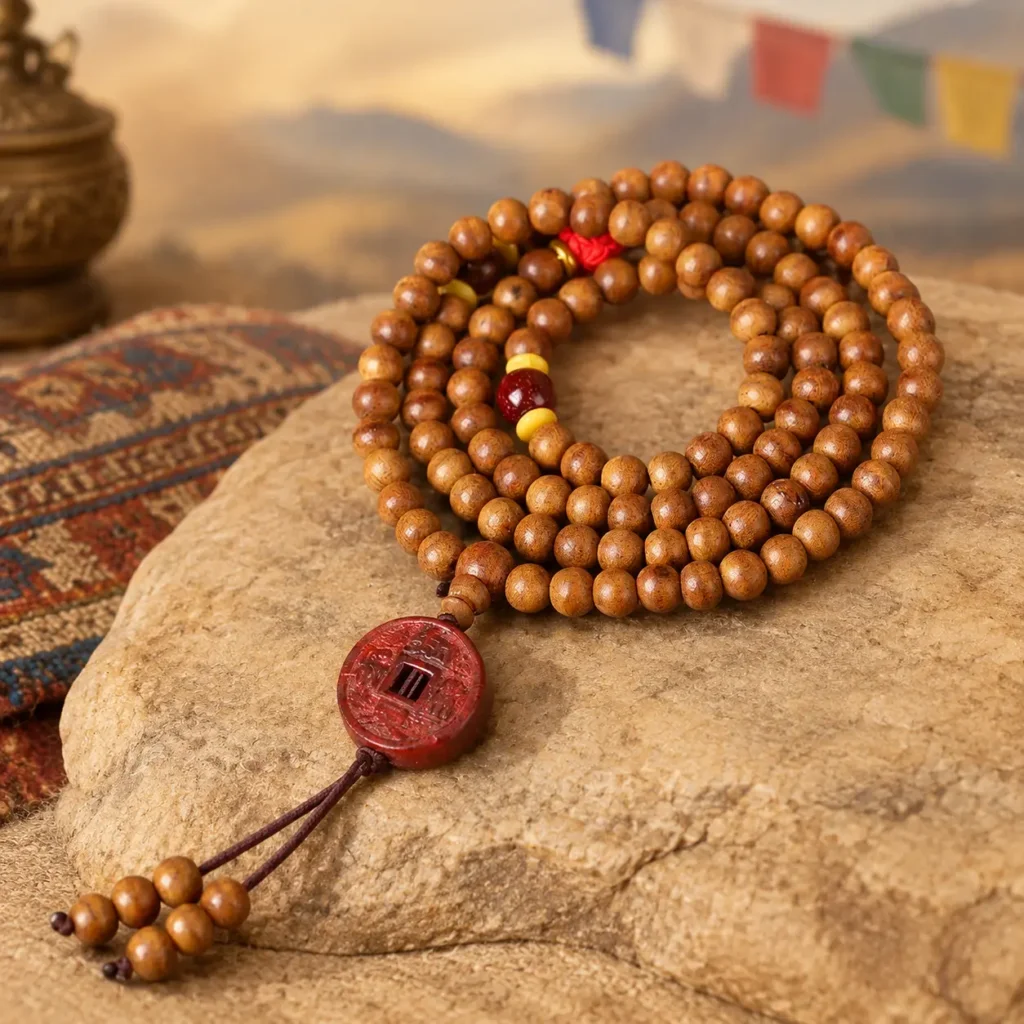 108-prayer-beads-bracelet-coin-charm-coiled Coiled 108 peach wood prayer beads with red coin charm, deep red accent bead and wooden tassel on a sandstone rock