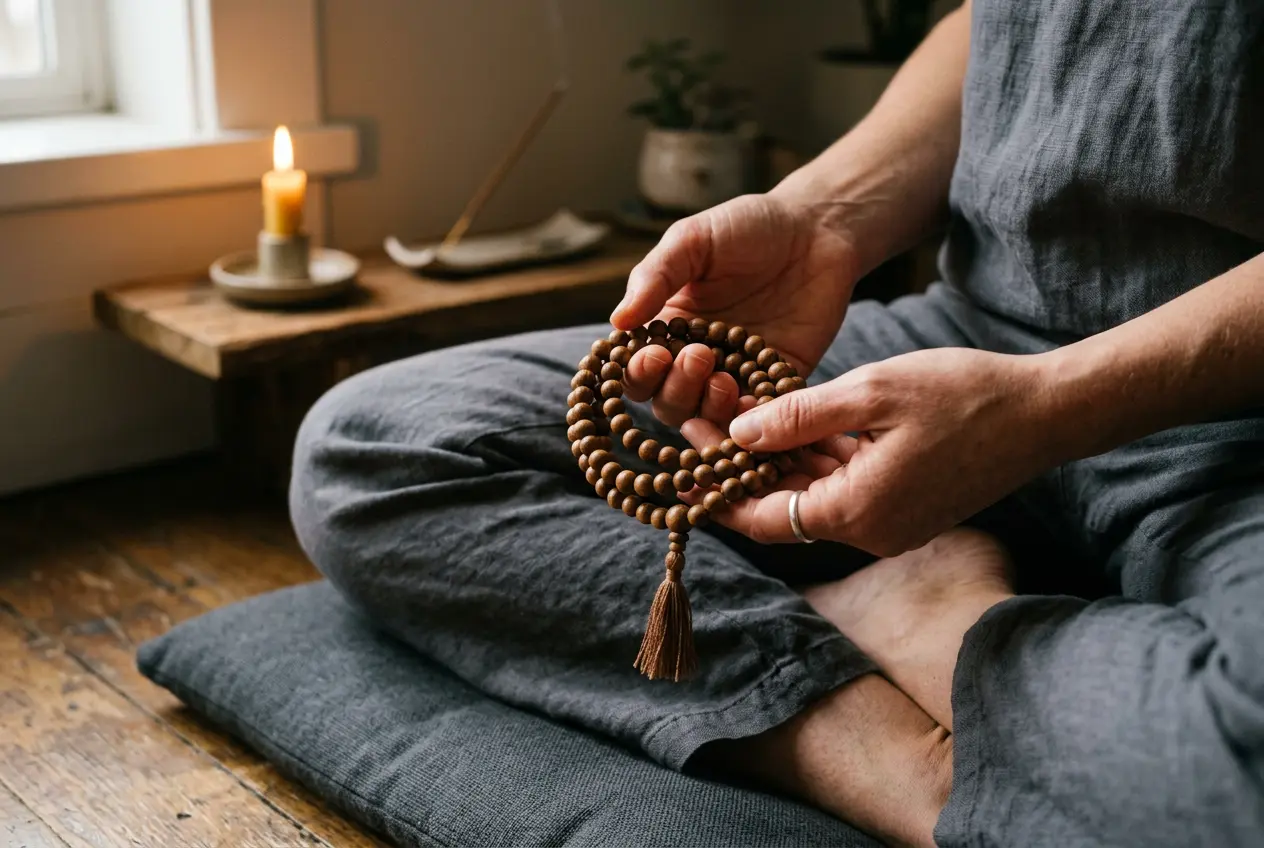 Hands holding a 108-bead wooden mala during a 20-minute home mantra practice for Lhabab Duchen