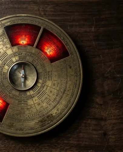 Feng shui compass with four red sectors marking the 2027 bad luck directions: North, Northeast, West, Southwest
