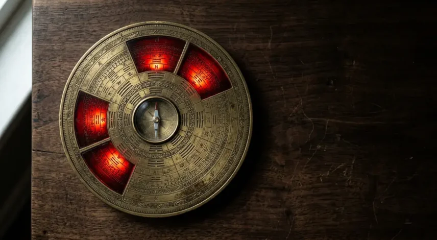 2027-bad-luck-directions-compass.webp Feng shui compass with four red sectors marking the 2027 bad luck directions: North, Northeast, West, Southwest