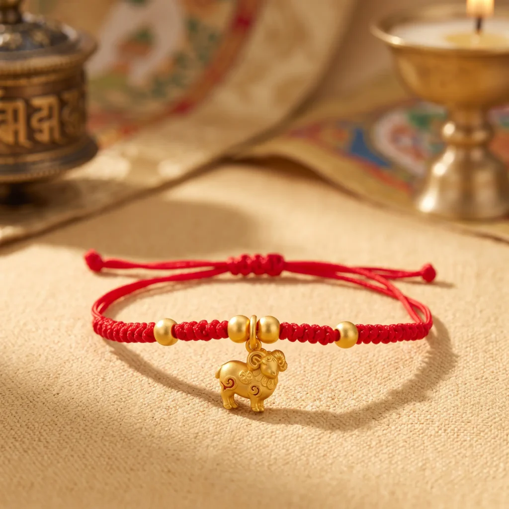2027-goat-red-string-bracelet-cloud-ram-charm 2027 Year of the Goat red string bracelet with standing gold-tone ram charm, cloud swirls and coin motif