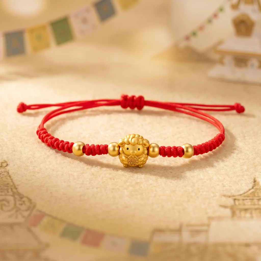 2027-goat-red-string-bracelet-coin-lamb-bead Handwoven red string bracelet with a round gold-tone lamb bead holding a coin for the 2027 Year of the Goat