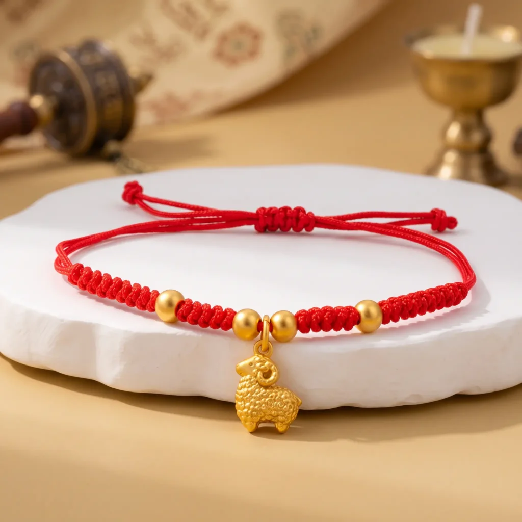 2027-goat-red-string-bracelet-curly-fleece-goat-charm Red string bracelet for the 2027 Year of the Goat with textured curly-fleece gold-tone goat charm on a white stone dish