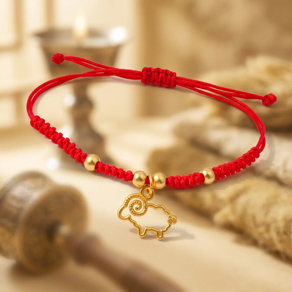 2027-goat-red-string-bracelet-outline-goat-charm 2027 Year of the Goat red string bracelet with open-outline goat charm, spiral horn and gold-tone beads