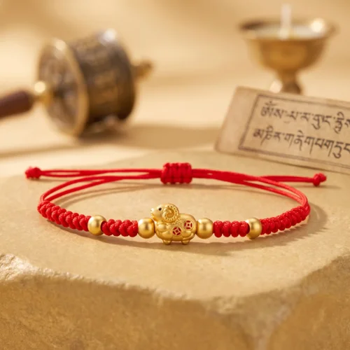 2027 Year of the Goat red string bracelet with reclining gold-tone ram bead and red enamel coin motifs