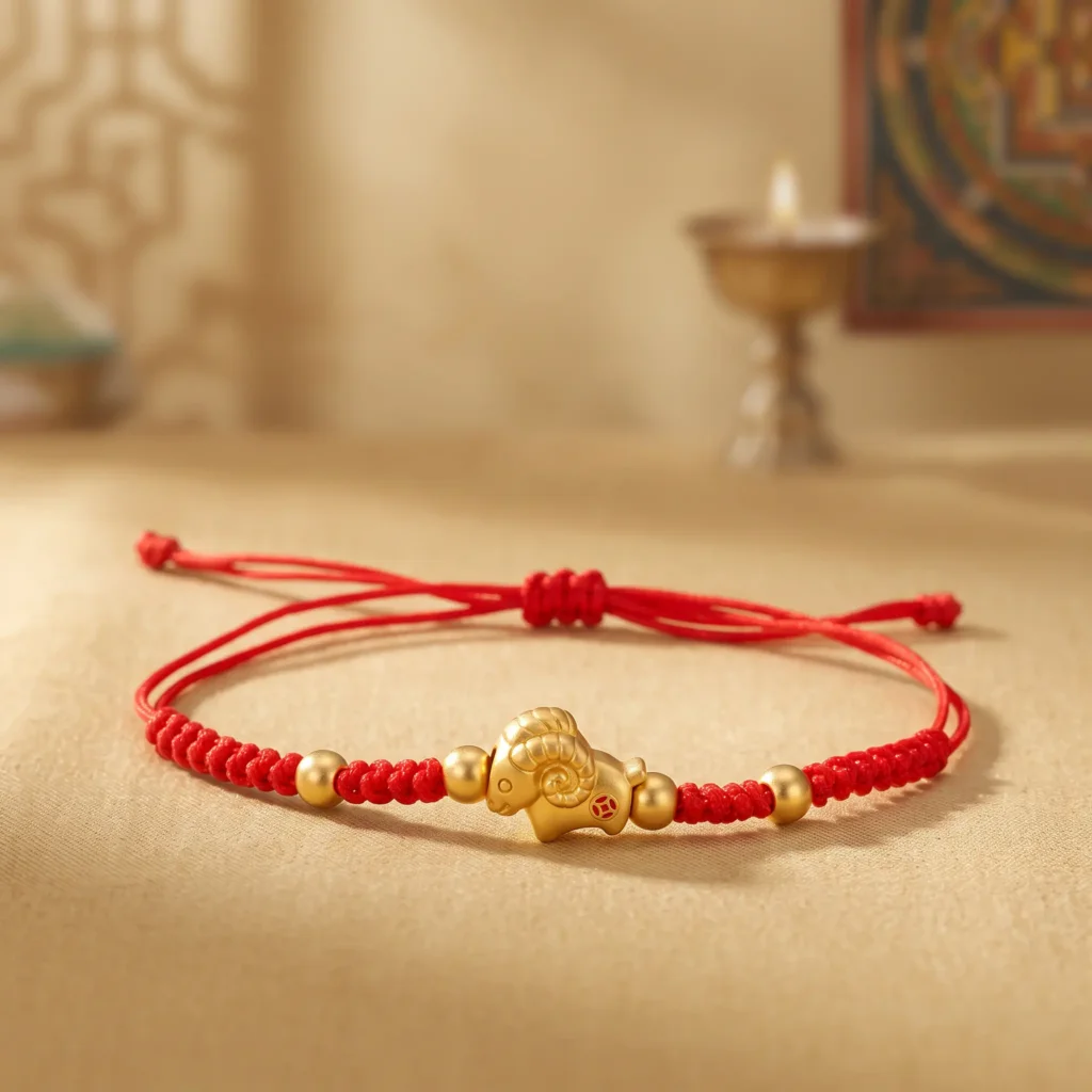2027-goat-red-string-bracelet-spiral-horn-ram-bead Adjustable 2027 Year of the Goat red string bracelet with gold-tone ram bead, large spiral horns and red enamel coin