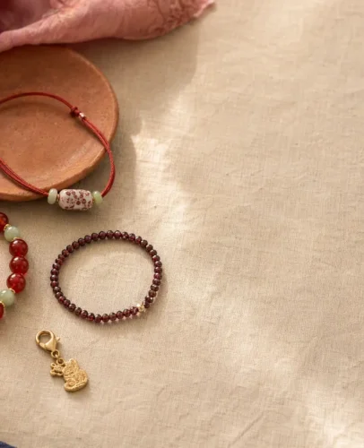 Flat lay of 2027 lucky color jewelry with a red string bracelet, jade beads, and terracotta accents