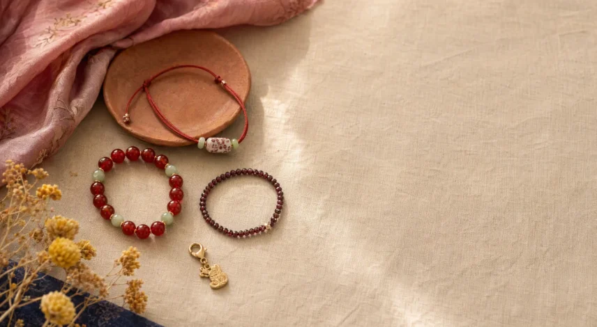 2027-lucky-colors-jewelry-flat-lay Flat lay of 2027 lucky color jewelry with a red string bracelet, jade beads, and terracotta accents