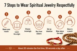 Infografica con 7 passaggi per indossare i gioielli spirituali con rispetto, dal definirne il significato al conservare un braccialetto mala in un sacchetto di stoffa.